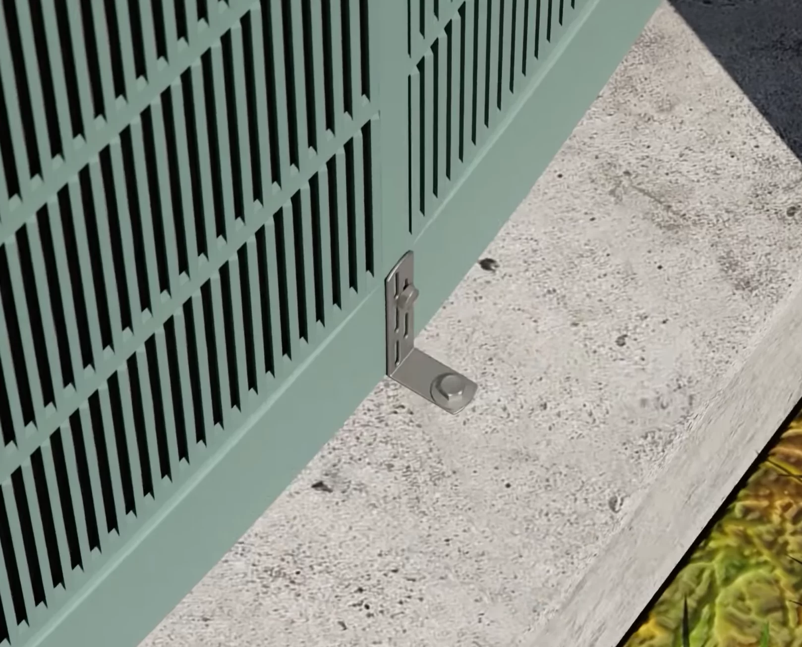 A 3D rendering of an L-bracket used to tie an HVAC condenser down to a concrete pad